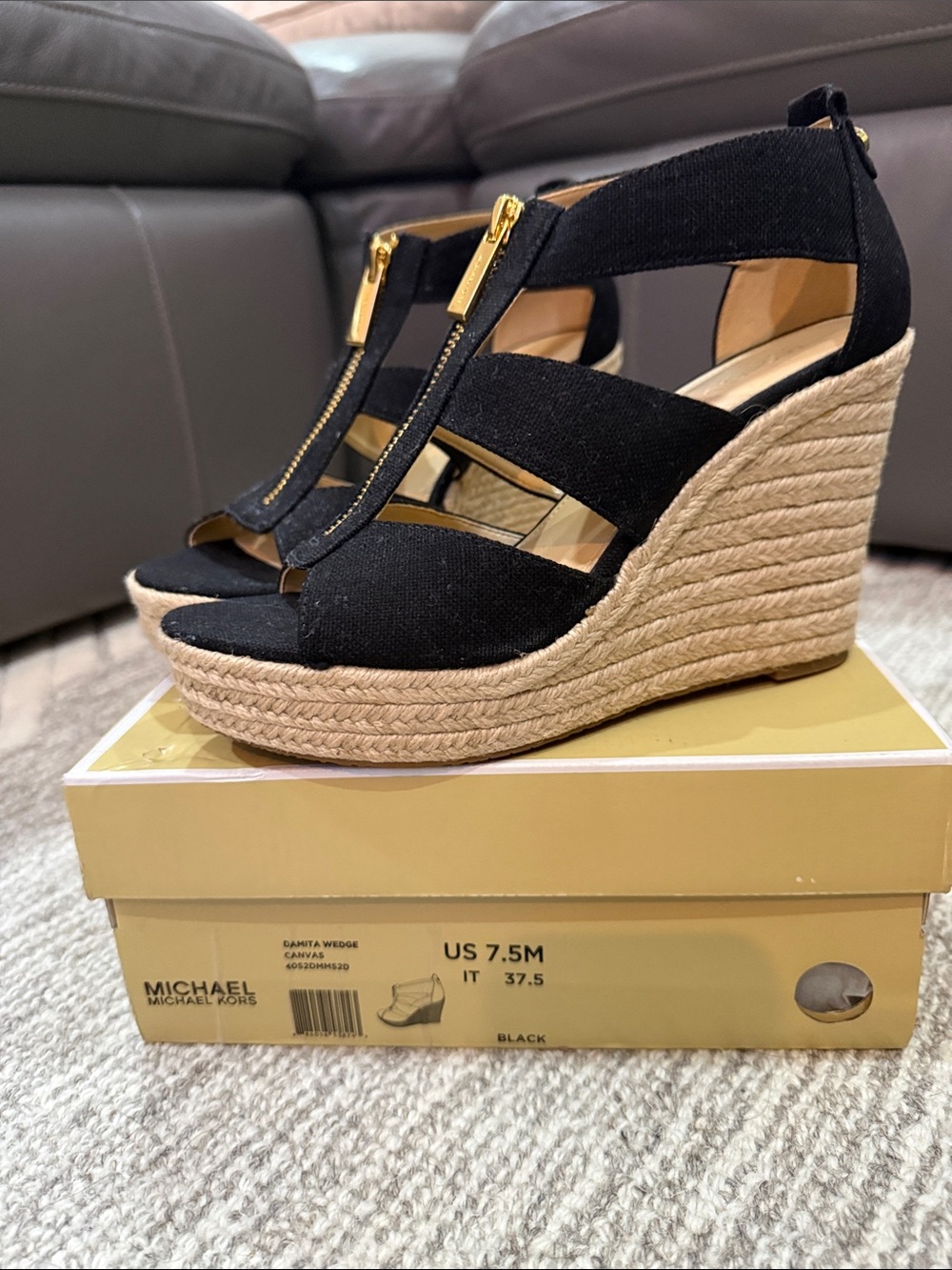 Michael Kora Black Wedge Espadrille Sandals with Gold Zip